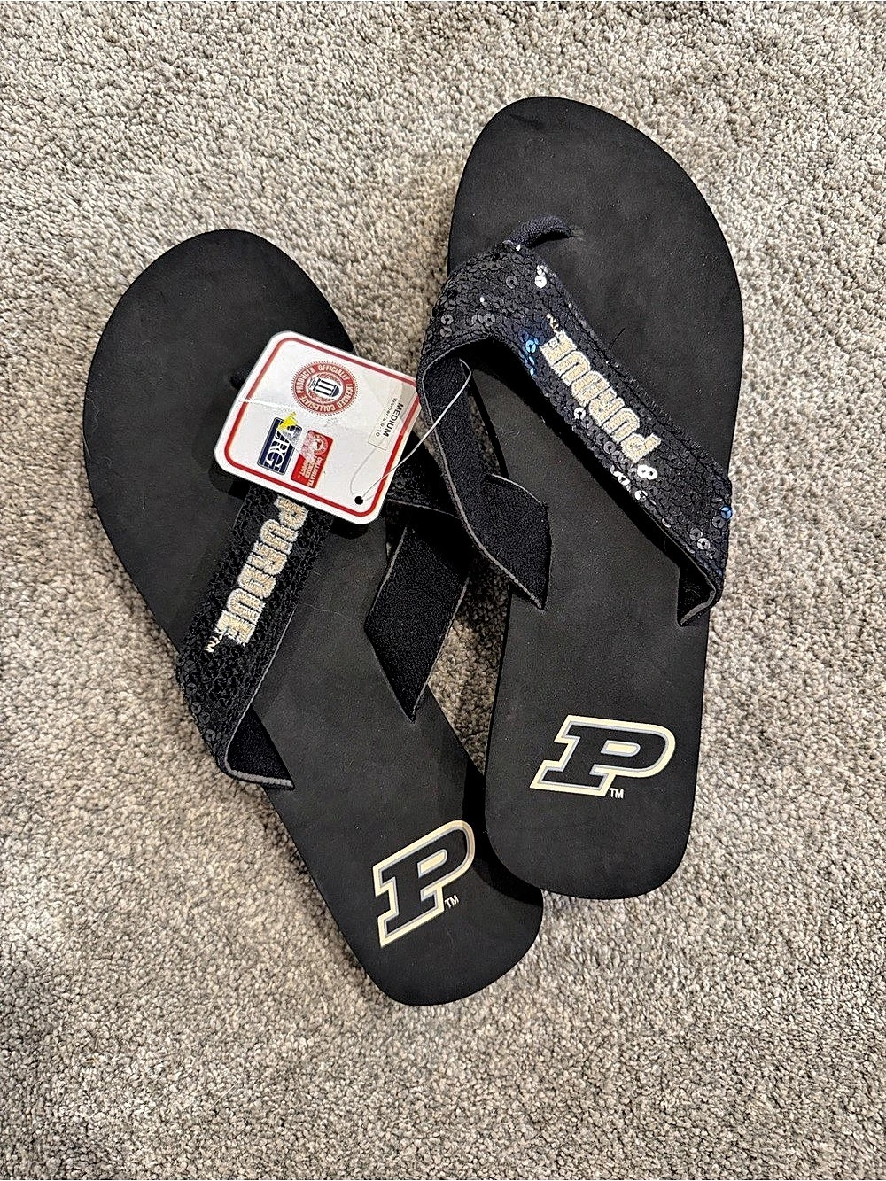 Purdue Boilermakers Sequin Flip Flops Black Women’s 9-10 NWT